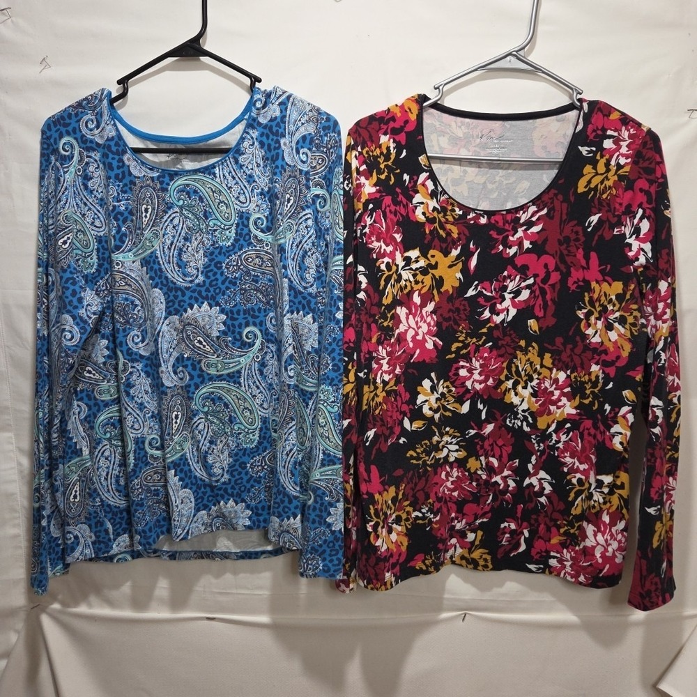 Kim Rogers 2 LOT Women's Size XL Pull Over Boho Cotton Long Sleeve Shirts